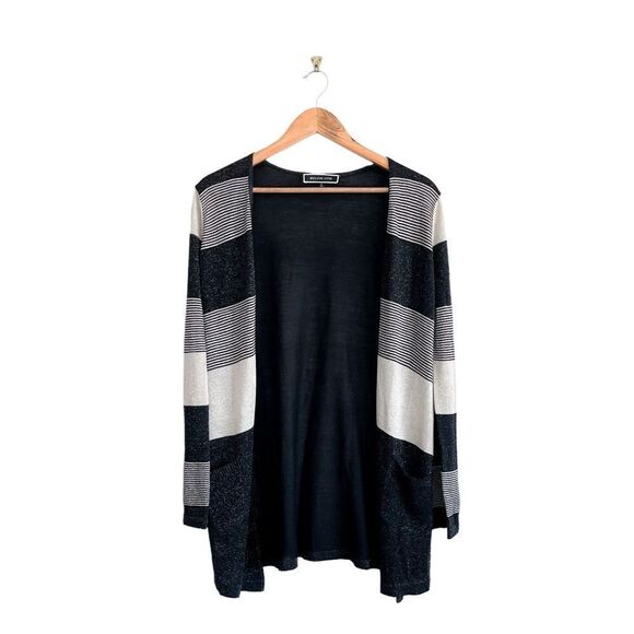 Melanie Lynn Metallic Cardigan Open Striped Black Gold Women's S Tie Tassel - Picture 2 of 9